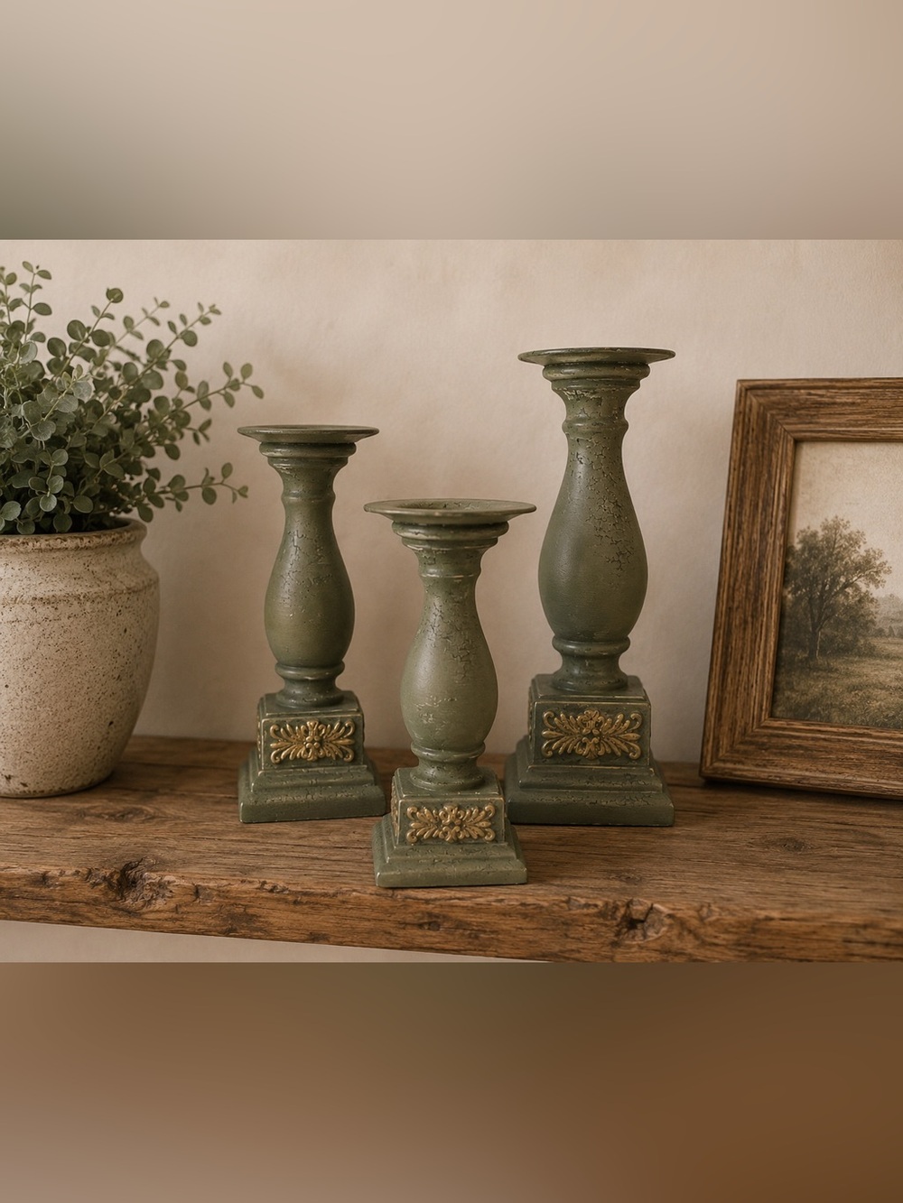 Set of 3 Distressed Chippy Green Candle Holders